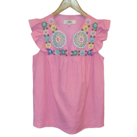 Tibi Flutter Sleeve Beaded Embroidered Linen Cotton Mexican Style Top Pink 4 - Picture 1 of 11